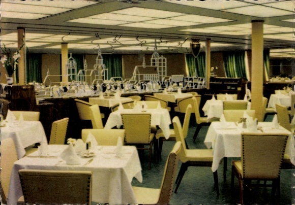 Postcard railway ferry MS Sassnitz, Mitropa dining room, interior view