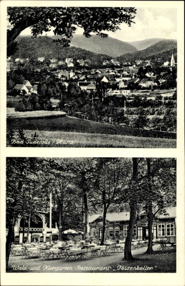 Postcard Bad Suderode Quedlinburg in the Harz Mountains, view of the forest and spa gardens-Restaurant Felsenkeller