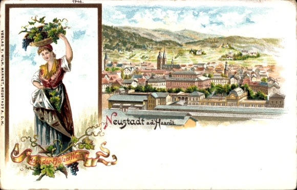 Litho Neustadt an der Haardt Neustadt an der Weinstraße, Gesamtansicht, Pfälzer Wein
