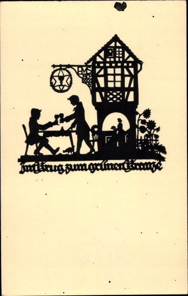Paper cut Postcard Schwindt, AM, In the jug to the green wreath, inn