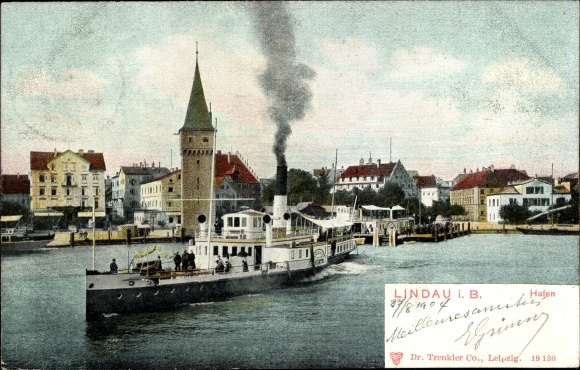 Ak Lindau am Bodensee Schwaben, Hafen, Dampfer legt ab, Stadt, Turm