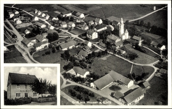 Ak Moosen an der Vils Taufkirchen an der Vils Oberbayern, Luftaufnahme von Moosen, Kirche, Wohnhä