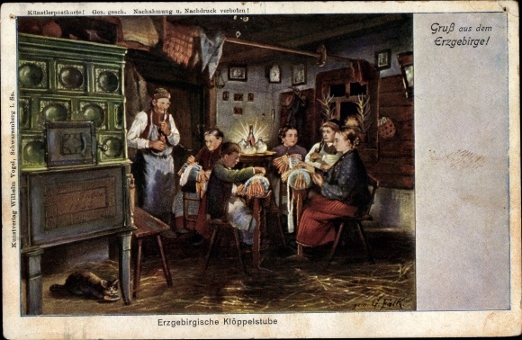 Artist PC Falk, G., Erzgebirgische Klöppelstube, tiled stove
