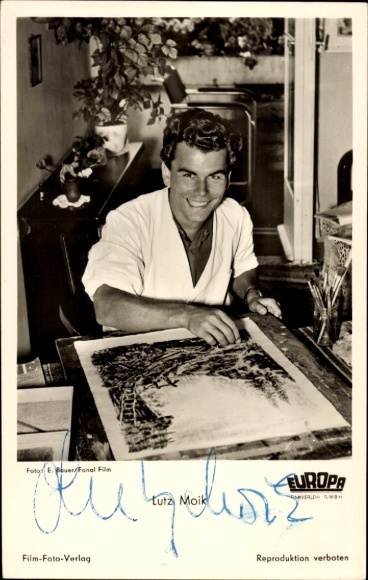 Postcard actor Lutz Moik, portrait, autograph, painting