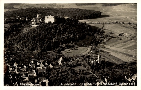 Postcard Niedernhausen Fischbachtal in the Odenwald, aerial photograph, Lichtenberg Castle