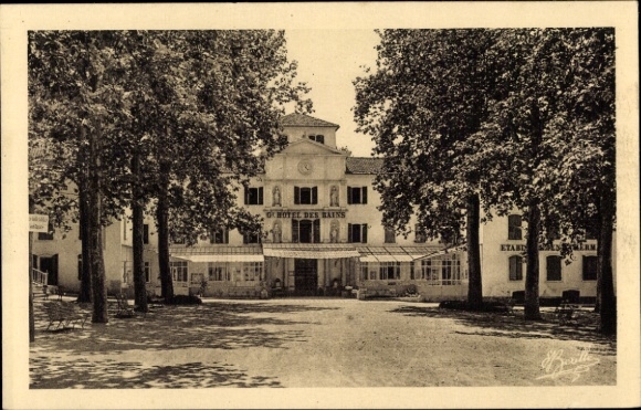 Postcard Gréoux les Bains Alpes de Haute Provence, Hotel des Bains, thermal bath, building with trees, sch