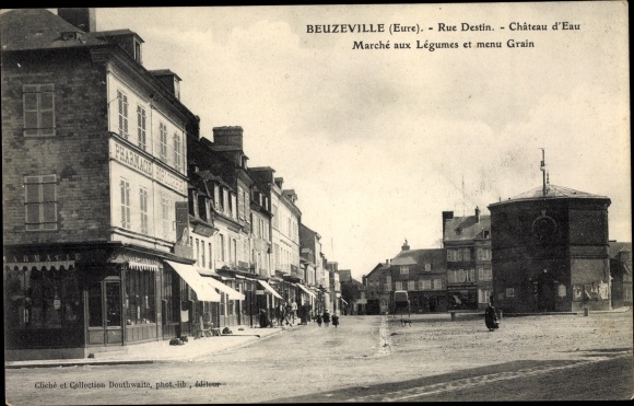 Postcard Beuzeville Eure, Rue Destin, Water Tower, Vegetable Market and Grain menu