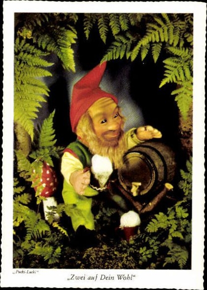 8 old Postcard dwarfs in the forest Pucki Lucki, various views