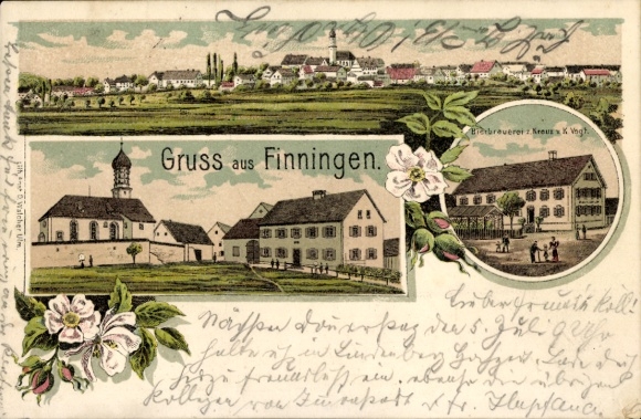 Litho Finningen Neu Ulm in Schwaben, Gesamtansicht, Kirche, Bierbrauerei zum Kreuz, Inh. Vogt