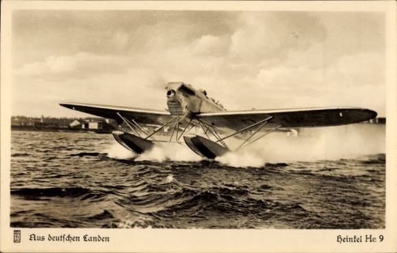Postcard Heinkel He 9 seaplane taking off