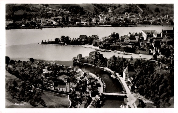 Postcard Passau in Lower Bavaria, aerial photograph