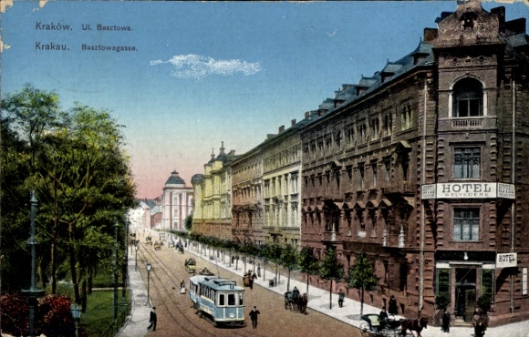 Postcard Kraków Krakow Poland, Ul. Basztowa, Basztowagasse, Hotel Belvedere, tram