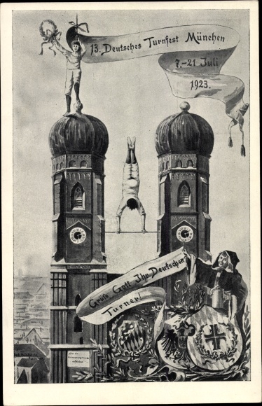 Postal stationery PC Munich, 13th German Gymnastics Festival, July 7, 1923, Kindl, Frauenkirche, PP 72 C 1