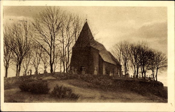 Postcard Schalkenmehren in the Eifel, little church on the Weinfelder Maar, cemetery, gravestones