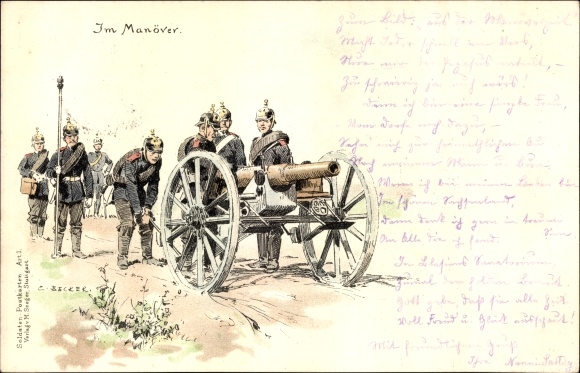 Kunstenaar litho Becker, C., Duitse soldaten, in manoeuvres, keizerlijke periode