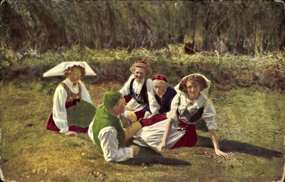 Postcard Berlin Halensee, Exhibition Nordland, People in Folk Costumes