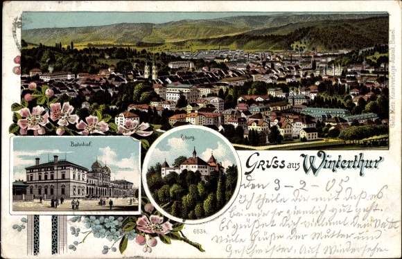 Chromo-Litho Winterthur Kt Zurich Switzerland, railway station, Kyburg, total view