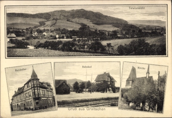 Postcard Graitschen near Bürgel Thuringia, total view, Ratskeller, train station, church