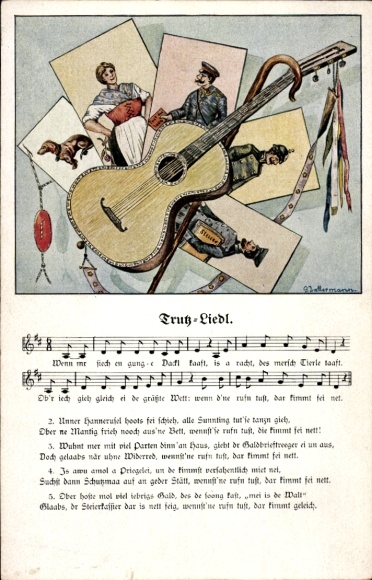 Lied Künstler Ak Lattermann, Trutz Liedl, Postbote, Gitarre, Wanderstab, Wilhelm Vogel, Erzgebirge