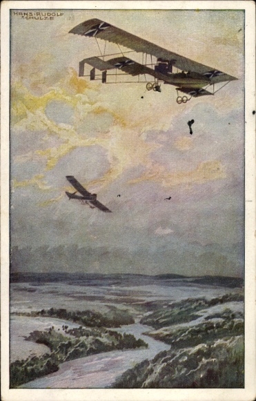 Artist Postcard Schulze, Hans Rudolf, Military biplane on reconnaissance mission over the Argonne Forest