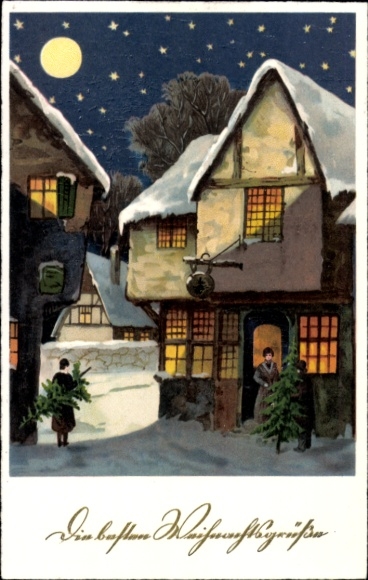 Postcard Congratulations Christmas, houses, people with fir trees