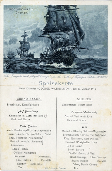 Menu card, steamer George Washington, January 13, 1912, dinner