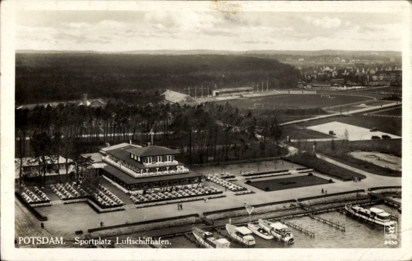 Postcard Potsdam, sports field airship harbor, aerial photograph