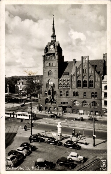 Postcard Berlin Steglitz, Town Hall, Tram