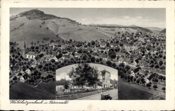 Künstler Ak Dryschütz, Waldkatzenbach Waldbrunn im Odenwald, Gesamtansicht, Gasthaus Katzenbuckel