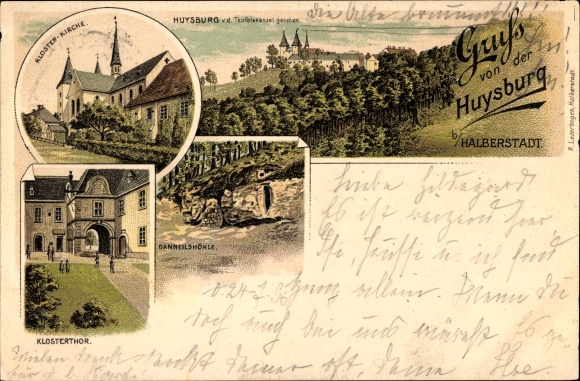 Chromo-Litho Huy Saxony Anhalt, Huysburg from the devil's pulpit, monastery church, monastery gate, Danneilshöhle