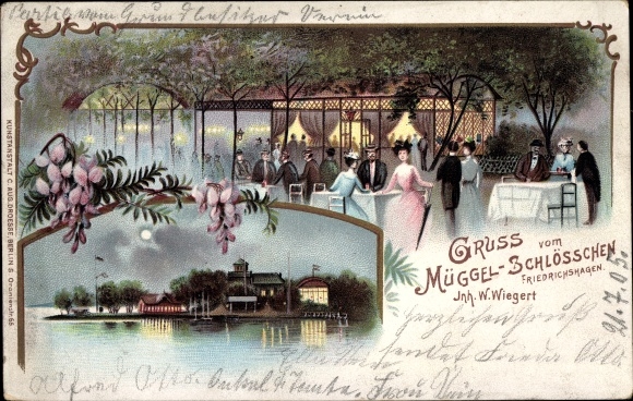 Mondschein Litho Berlin Köpenick Friedrichshagen, Müggel-Schlösschen, Garten