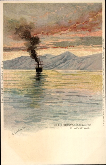 Artist Chromo-Litho Goldfeld, A., Homeland, polar expedition, Fridtjof Nansen, In night and ice