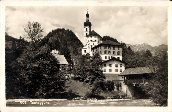 Postcard Tschagguns in Vorarlberg, mountain landscape, church, building, river