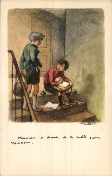 Kunstenaar Ak Poulbot, Francisque, Twee jongens, Schooltassen, Trappen
