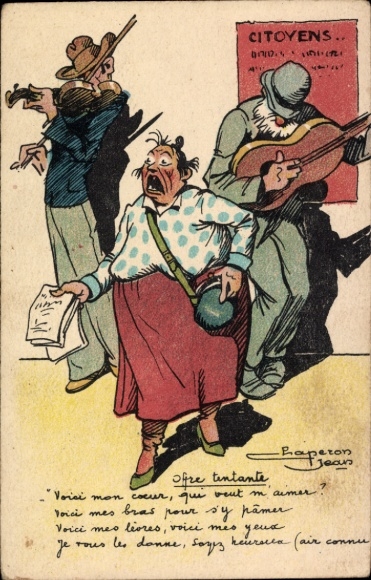Artist Postcard Chaperon, J., Musician Men, Screaming Woman, Merchant
