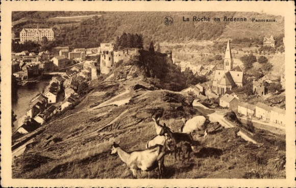 KP La Roche en Ardenne Wallonia Luxemburg, panoramiczny widok na ruiny zamku, kościół, kozy