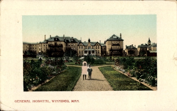 KP Winnipeg Manitoba Kanada, Szpital Ogólny, dzieci w parku, kwietniki, architektura