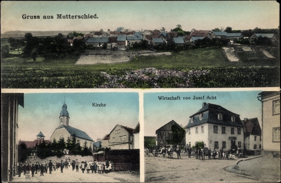 Postcard Mutterschied Rhineland Palatinate, total view, church, economy Josef Acht