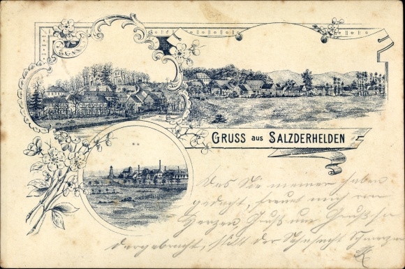 Litho Salzderhelden Einbeck in Nedersaksen, panorama van de plaats, vakwerkhuizen