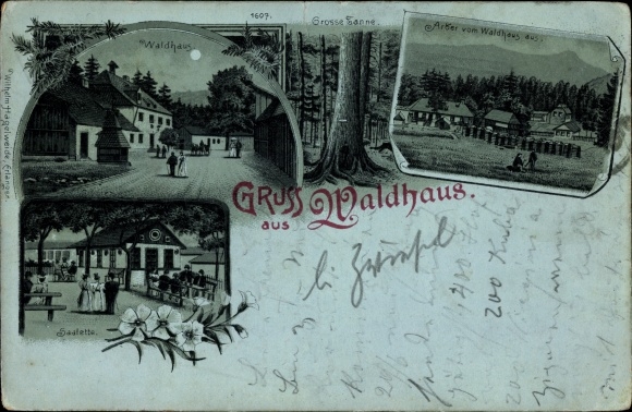 Mondschein Litho Bayerisch Eisenstein im Kreis Regen Niederbayern, Waldhaus, Große Tanne, Saalette