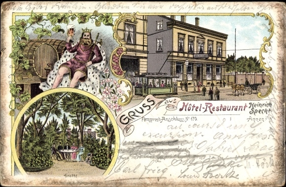 Litho Annen Witten an der Ruhr, Hotel Restaurant, Grotte, Straßenbahn
