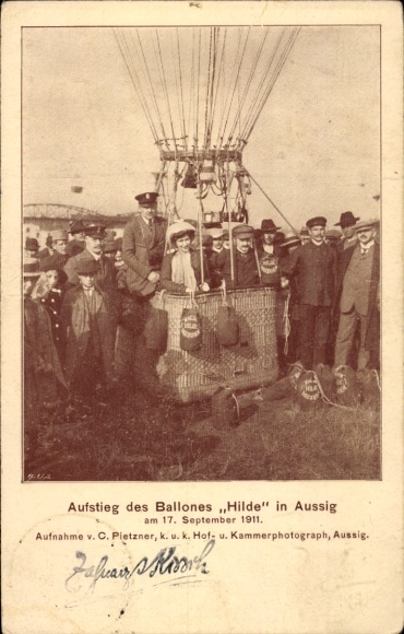 Postcard Ústí nad Labem Aussig on the Elbe, ascent of balloon Hilde, 17.09.1911, balloon post