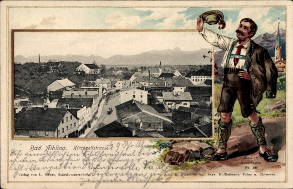 Embossed Passepartout PC Bad Aibling in Upper Bavaria, Kirchzeilstraße, man in traditional costume