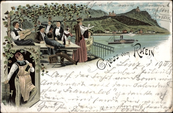 Chromo-Litho greetings from the Rhine, inn, saloon steamer