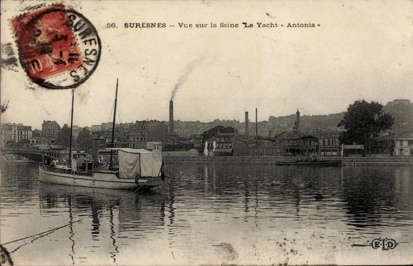 Ak Suresnes Hauts de Seine, Blick auf die Seine, Boot "Le Yacht Antonia", alte Fabrik,  