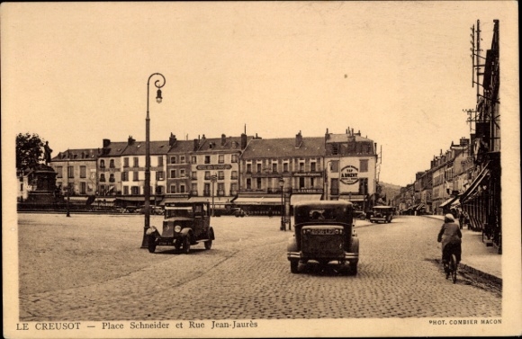 Ak Le Creusot Saône et Loire, Platz Schneider, Rue Jean-Jaurès, alte Autos,  Architektur