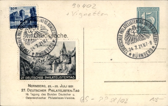 Postal stationery coat of arms Postcard Nuremberg in Middle Franconia Bavaria, 27th German Philatelists' Day 1921