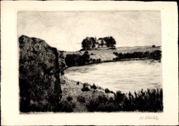 Artist Postcard Schalkenmehren in the Eifel, Weinfelder Maar, Pilatusfelsen, Chapel
