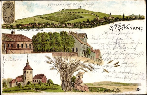 Litho Groß Vahlberg Vahlberg Niedersachsen, Kirche, Pfarrhaus, Gastwirtschaft, Ährenbündel