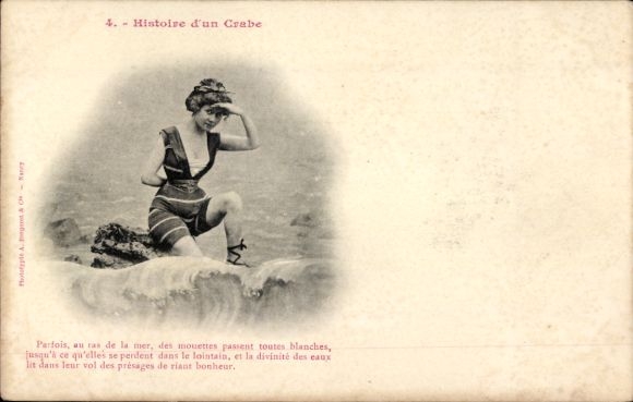 Postcard Story of a crab, beach, woman in swimsuit